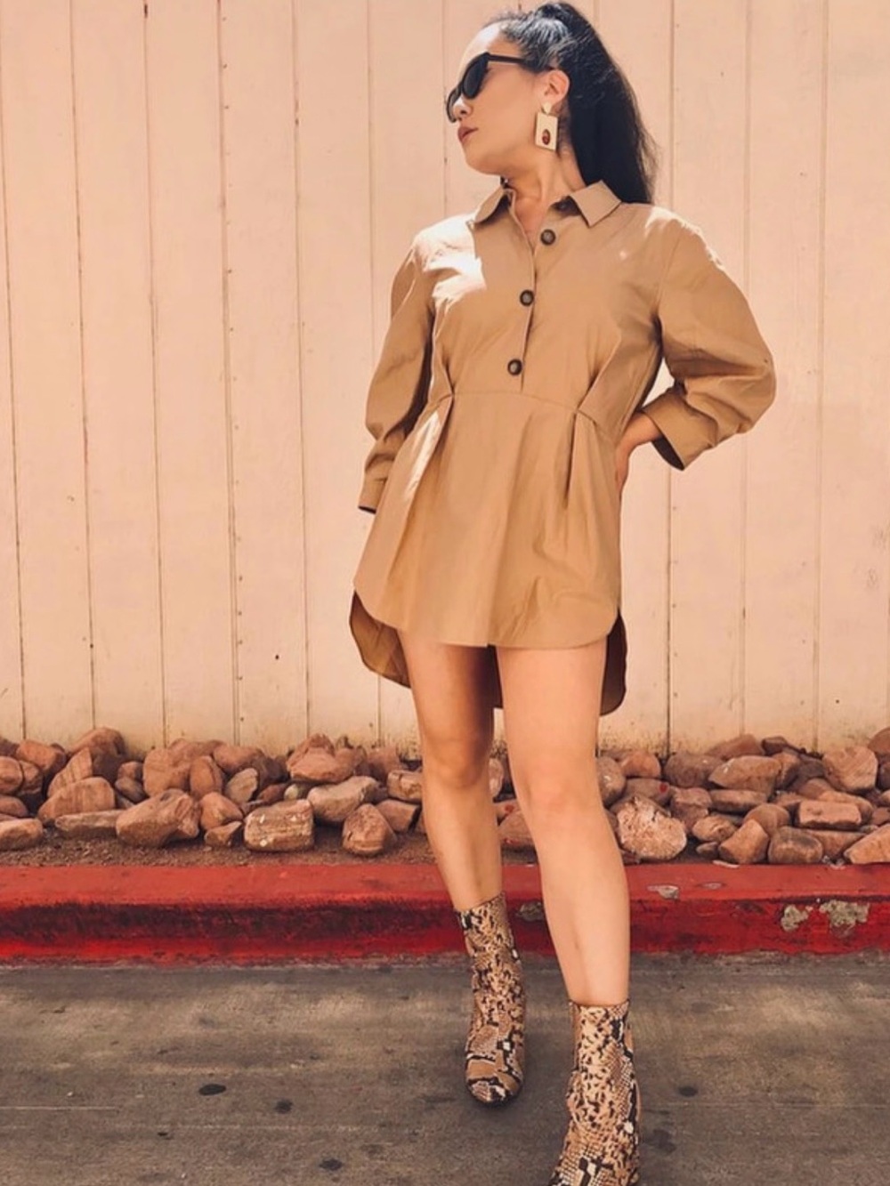 Zara Tan Button-Front Mini Shirt Dress